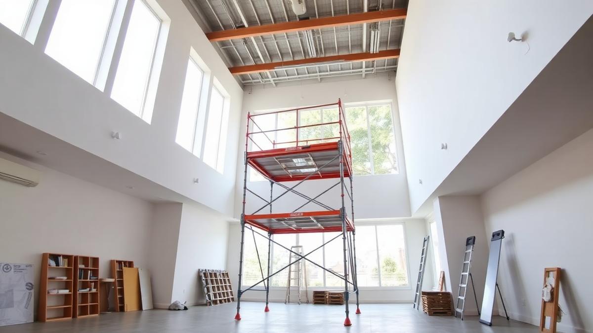 Andaime móvel dentro de ambiente em obra — Quanto custa construir uma casa por metro quadrado: como calcular o seu número Andaime móvel dentro de ambiente em obra — Quanto custa construir uma casa por metro quadrado: como calcular o seu número