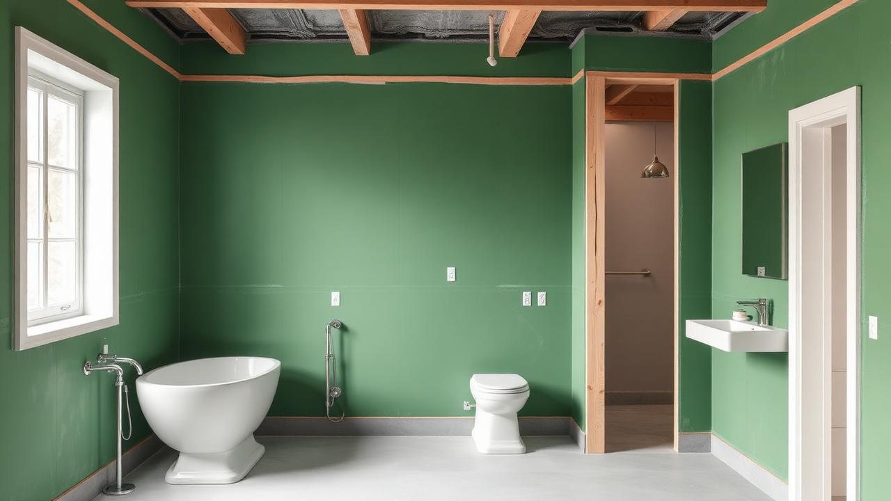 Chapa verde resistente à umidade instalada em banheiro — Áreas molhadas em steel frame: banheiros, cozinhas e áreas de serviço Chapa verde resistente à umidade instalada em banheiro — Áreas molhadas em steel frame: banheiros, cozinhas e áreas de serviço