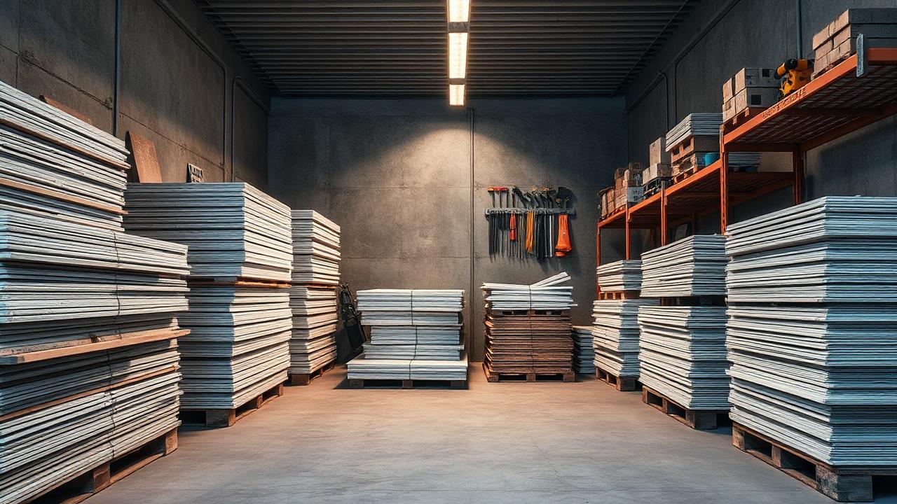 Canteiro organizado com chapas empilhadas sobre pallets — Como calcular drywall: passo a passo completo (parede e forro)