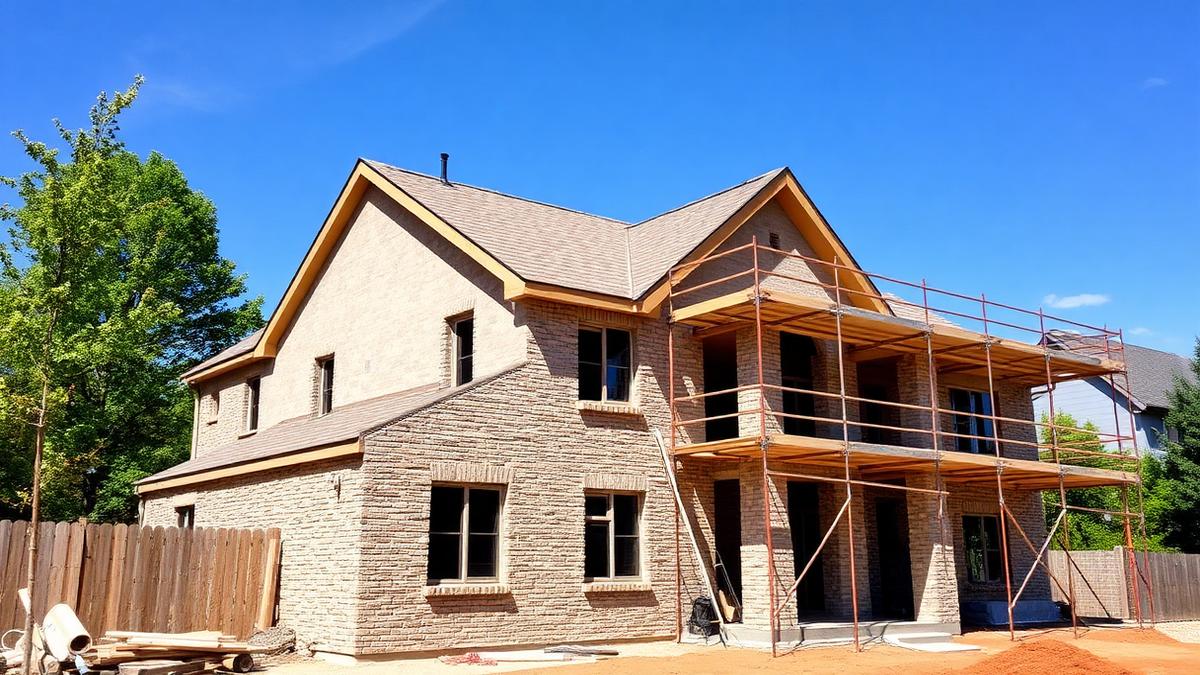 Casa em construção com andaimes — Etapas de uma obra residencial: sequência correta do terreno à entrega Casa em construção com andaimes — Etapas de uma obra residencial: sequência correta do terreno à entrega