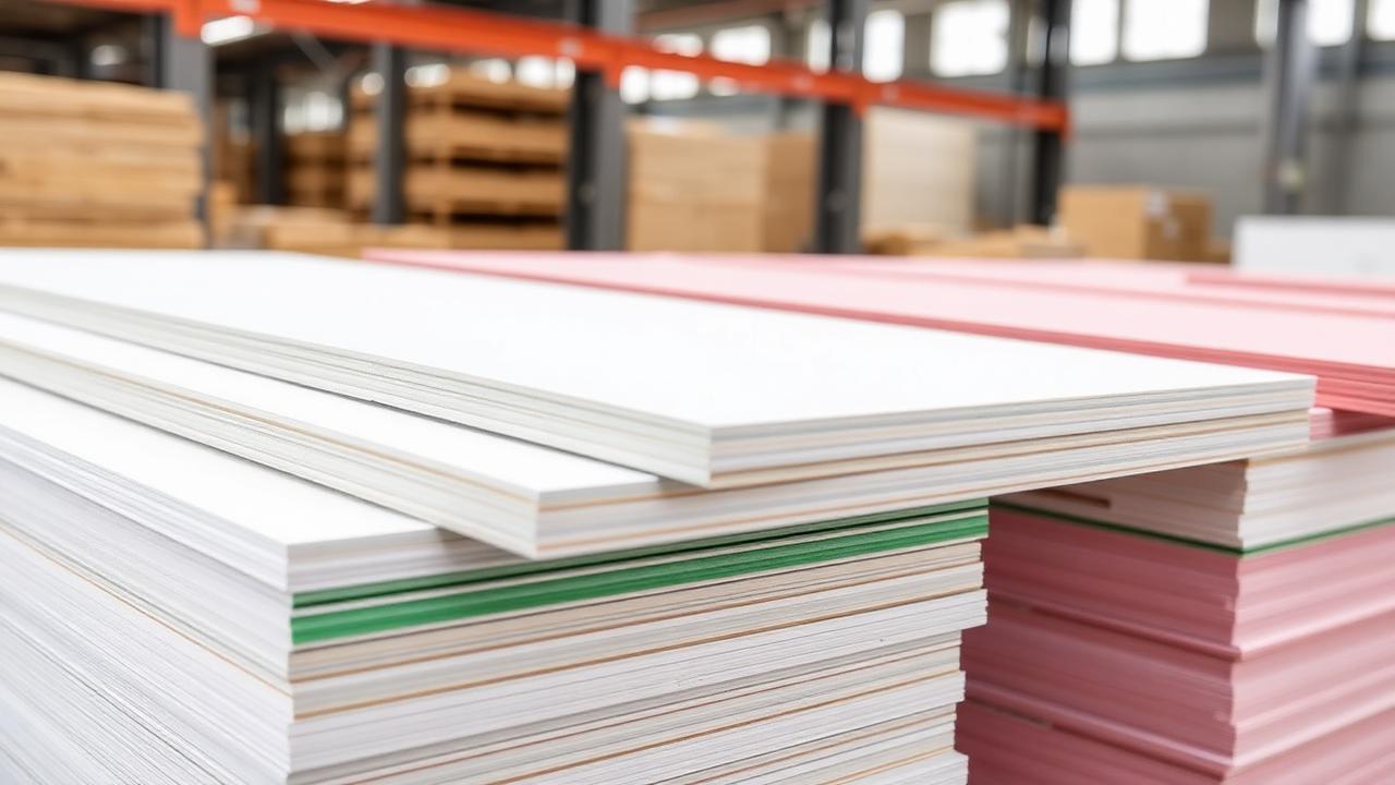 Chapas de gesso ST branca, RU verde e RF rosa empilhadas — Forro Modular vs. Forro Contínuo de Drywall: Comparativo Técnico Chapas de gesso ST branca, RU verde e RF rosa empilhadas — Forro Modular vs. Forro Contínuo de Drywall: Comparativo Técnico