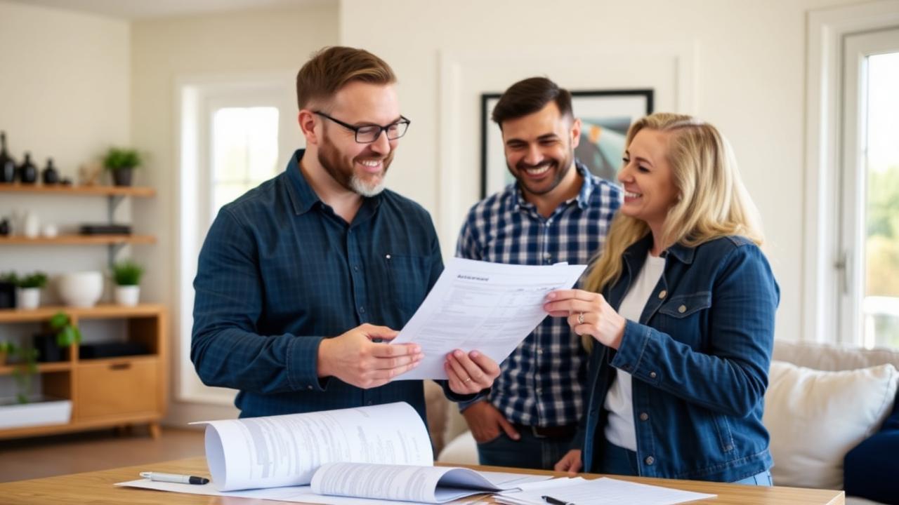 Prestador apresentando proposta impressa para casal de clientes — Orçamento de obra civil: passo a passo do levantamento ao preço final Prestador apresentando proposta impressa para casal de clientes — Orçamento de obra civil: passo a passo do levantamento ao preço final