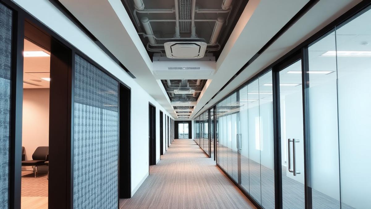 Corredor de escritório com divisórias e forro modular — Quanto custa drywall: guia completo de valores por parede, forro e obra inteira Corredor de escritório com divisórias e forro modular — Quanto custa drywall: guia completo de valores por parede, forro e obra inteira