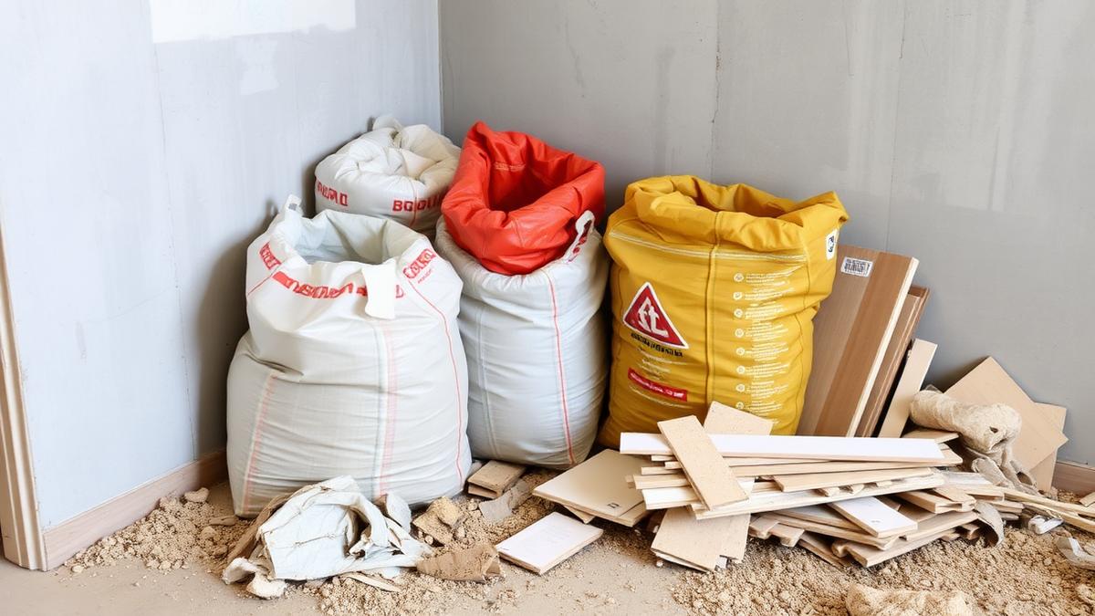 Sacos de entulho e sobras de gesso na obra — Etapa 1: Aplicação da Primeira Camada de Massa e Fita