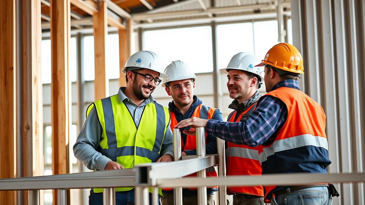 Equipe de montadores trabalhando junto na estrutura metálica — Planilha gratuita de orçamento de drywall (e por que a calculadora é melhor)
