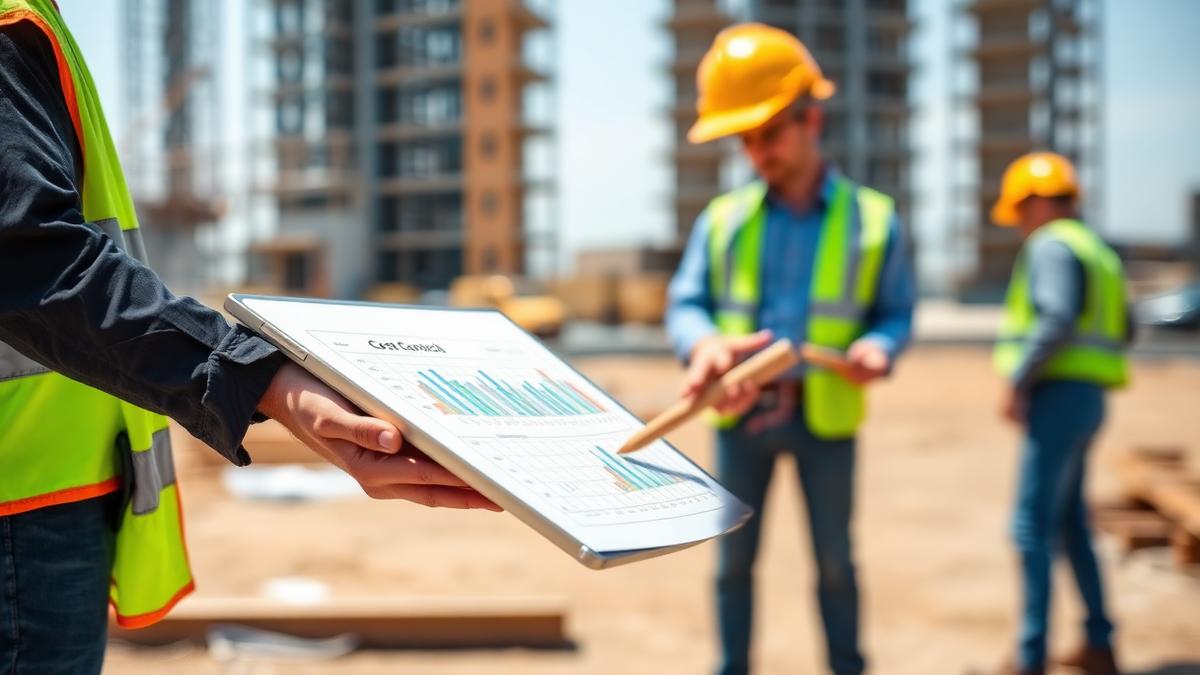 Engenheiro acompanhando indicadores de obra em tablet — Gestão de obra e controle de custos: como não perder dinheiro no meio do serviço Engenheiro acompanhando indicadores de obra em tablet — Gestão de obra e controle de custos: como não perder dinheiro no meio do serviço
