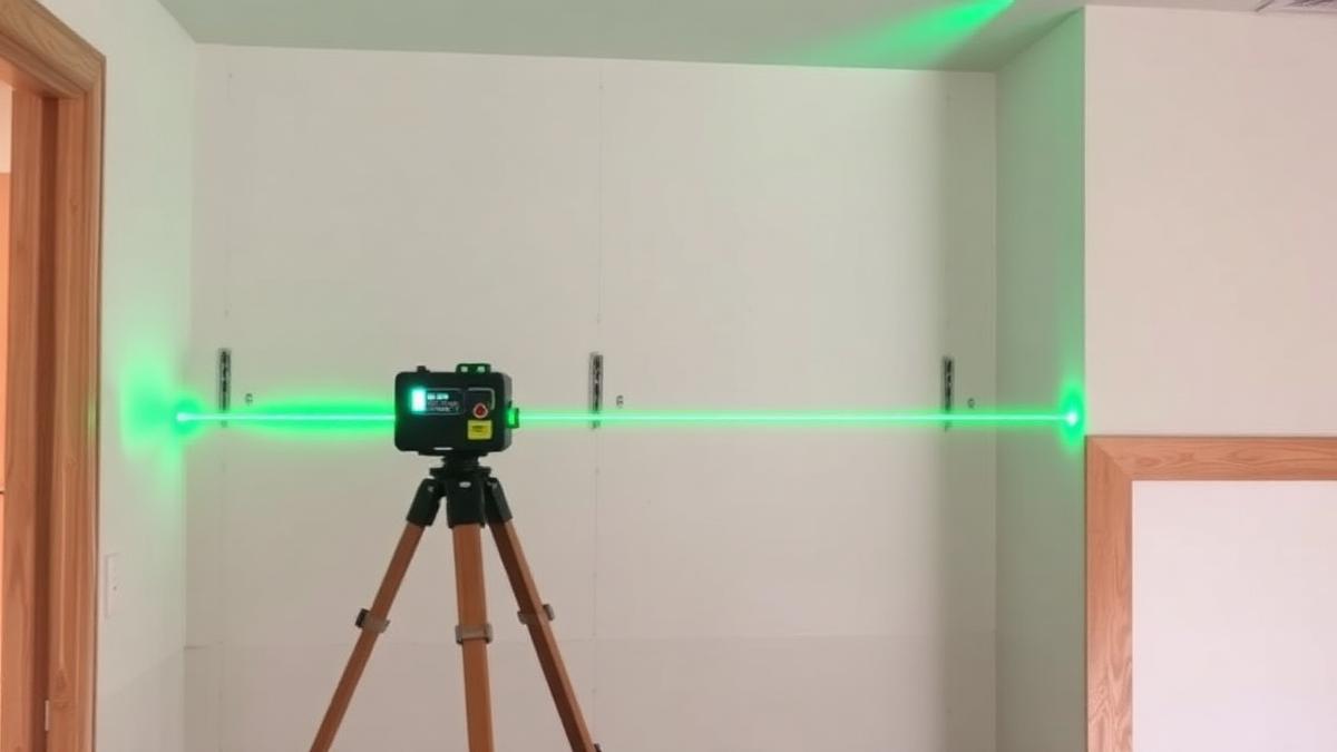 Nível a laser projetando linha em parede — Parafusos no steel frame: tipos, pontas e a quantidade correta por m²