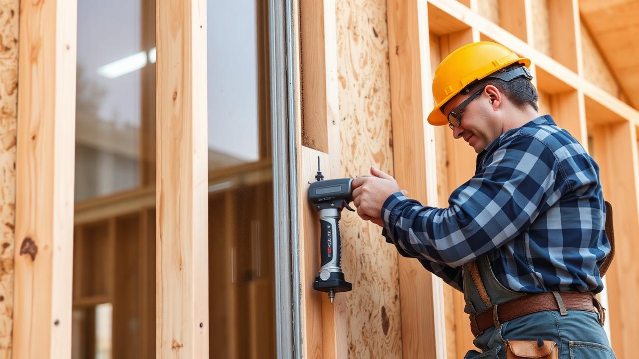 Instalação de placa de OSB sobre estrutura metálica — Fechamento externo em steel frame: OSB, membrana hidrófuga e placa cimentícia Instalação de placa de OSB sobre estrutura metálica — Fechamento externo em steel frame: OSB, membrana hidrófuga e placa cimentícia