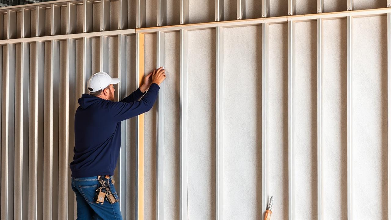 Parede de drywall com montantes e guias metálicas sendo fechada — Como calcular drywall: passo a passo completo (parede e forro) Parede de drywall com montantes e guias metálicas sendo fechada — Como calcular drywall: passo a passo completo (parede e forro)
