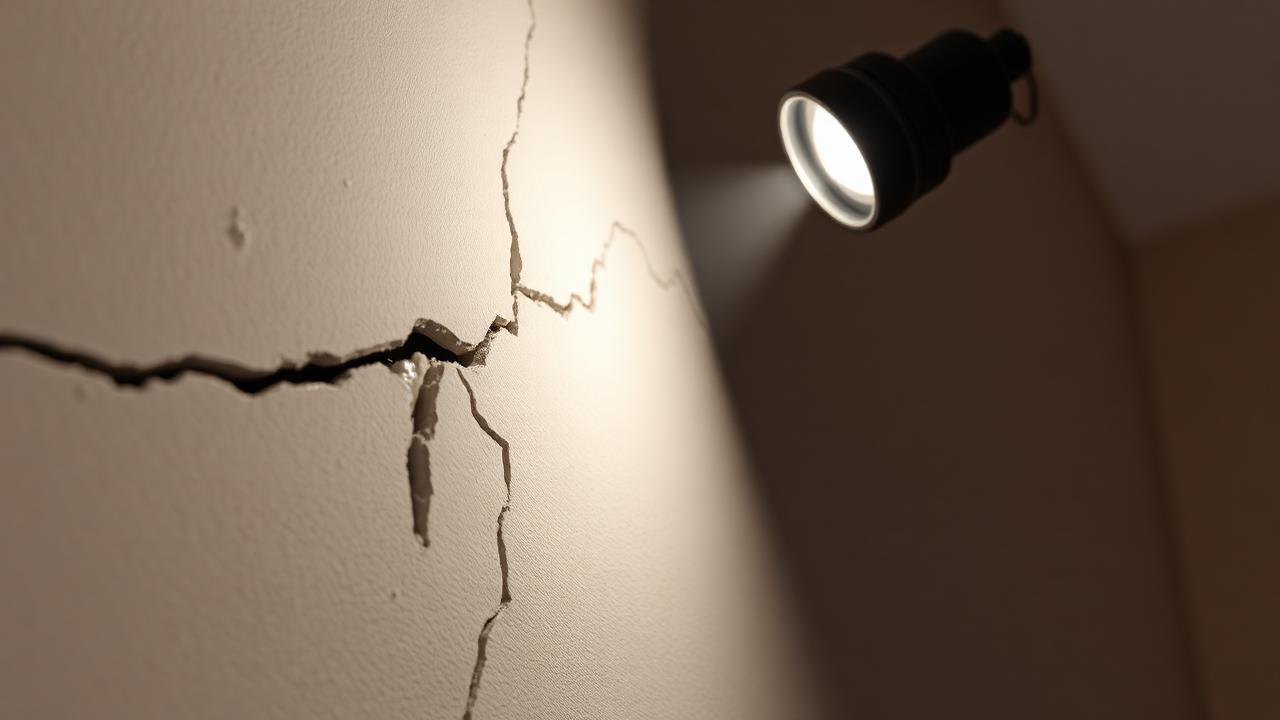 Trinca em junta de parede pintada avaliada com luz rasante — Trincas e rachaduras no drywall: causas e reparo definitivo