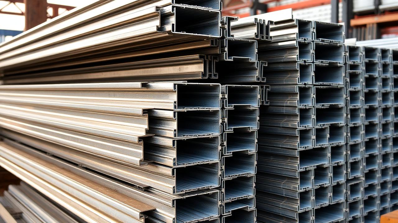 Perfis de aço galvanizado empilhados no canteiro — Guia de Perfis para Drywall: Guias, Montantes e Canaletas segundo a NBR 15217 Perfis de aço galvanizado empilhados no canteiro — Guia de Perfis para Drywall: Guias, Montantes e Canaletas segundo a NBR 15217