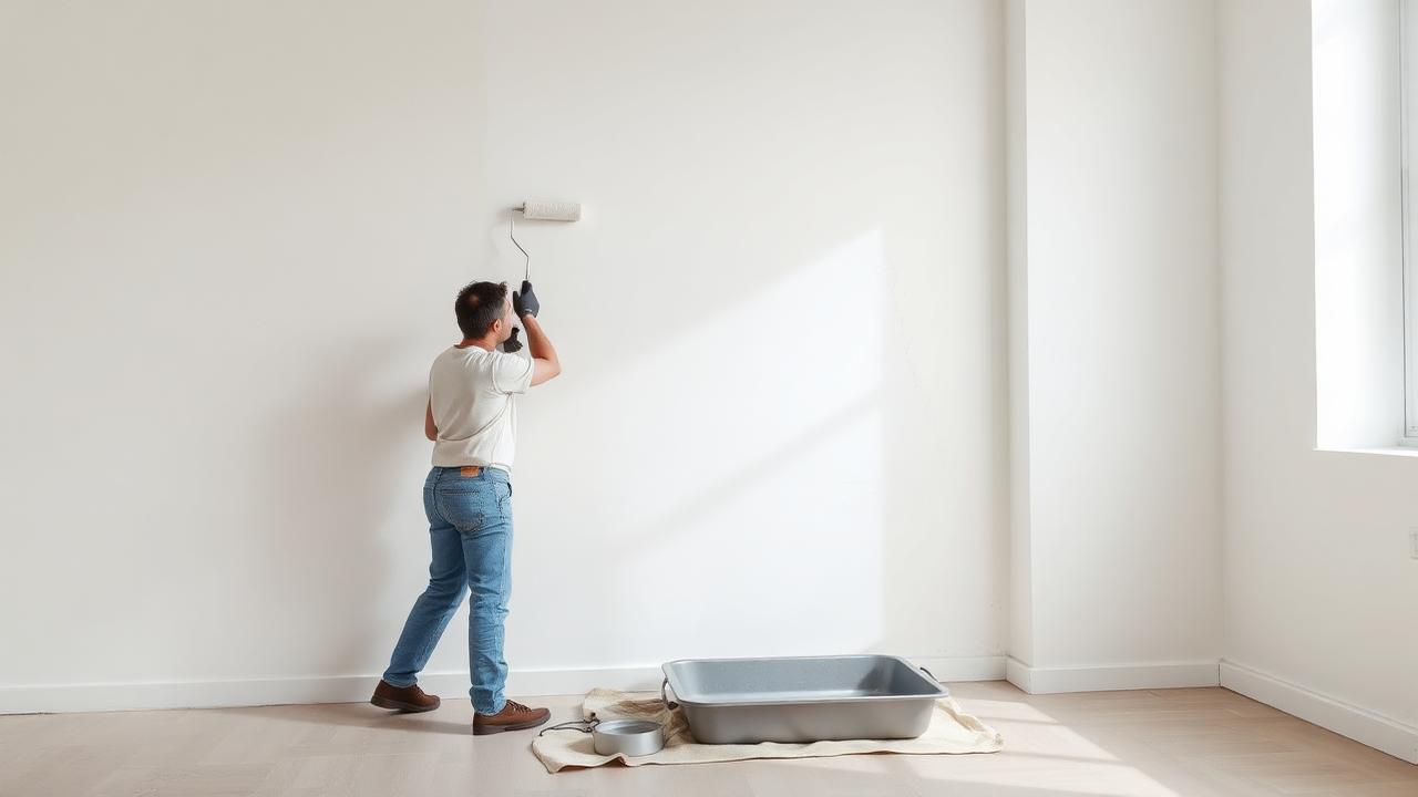 Pintor aplicando tinta com rolo em parede de drywall acabada — Como Fiscalizar a Execução de Drywall no Canteiro de Obras