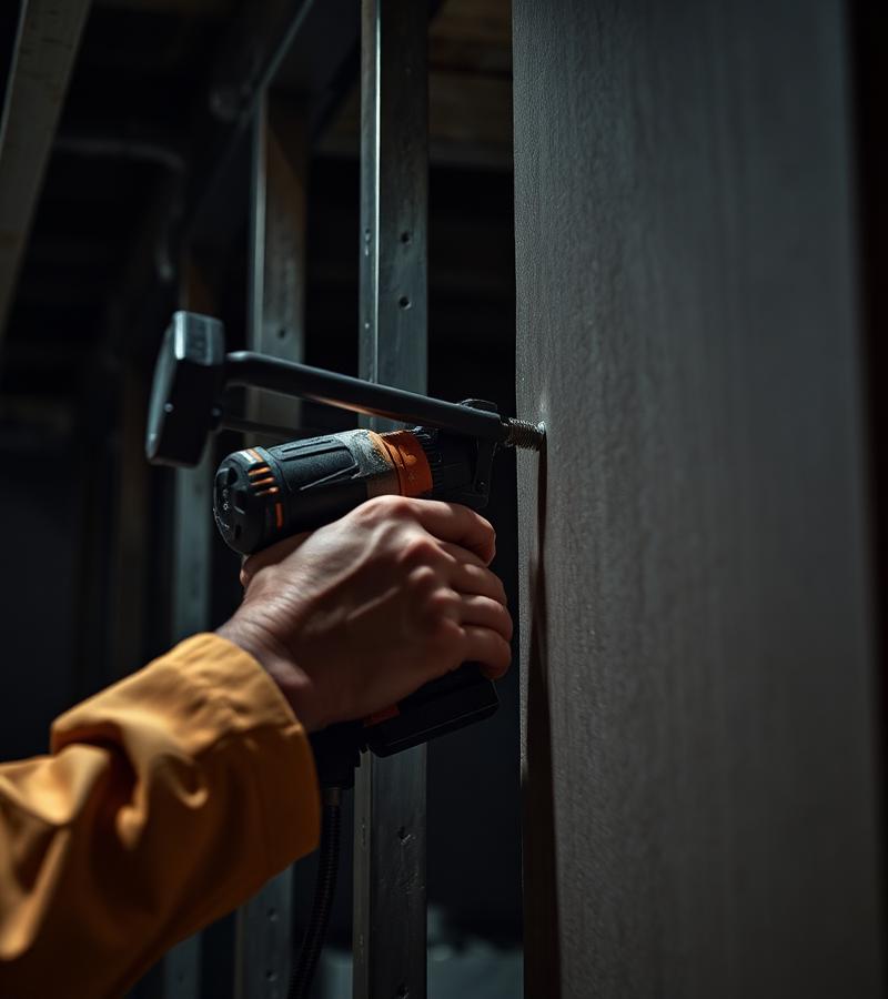 Profissional parafusando chapa de drywall em montante metálico