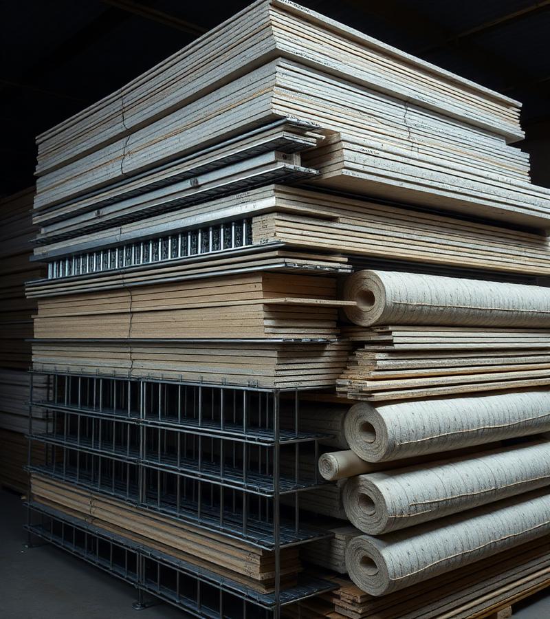 Perfis metálicos, parafusos e chapas de drywall separados para a obra