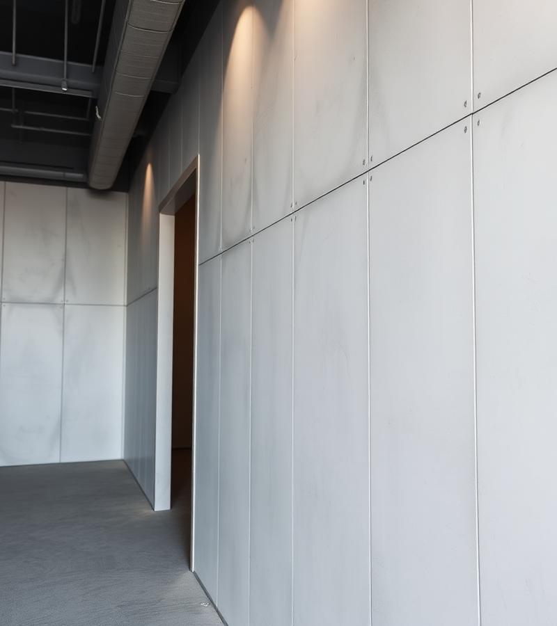 Parede de drywall com montantes metálicos e chapas empilhadas em obra
